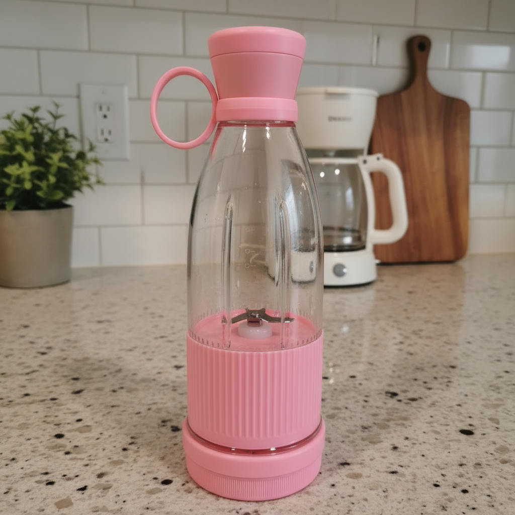 Batidora portátil rosa en cocina diferente